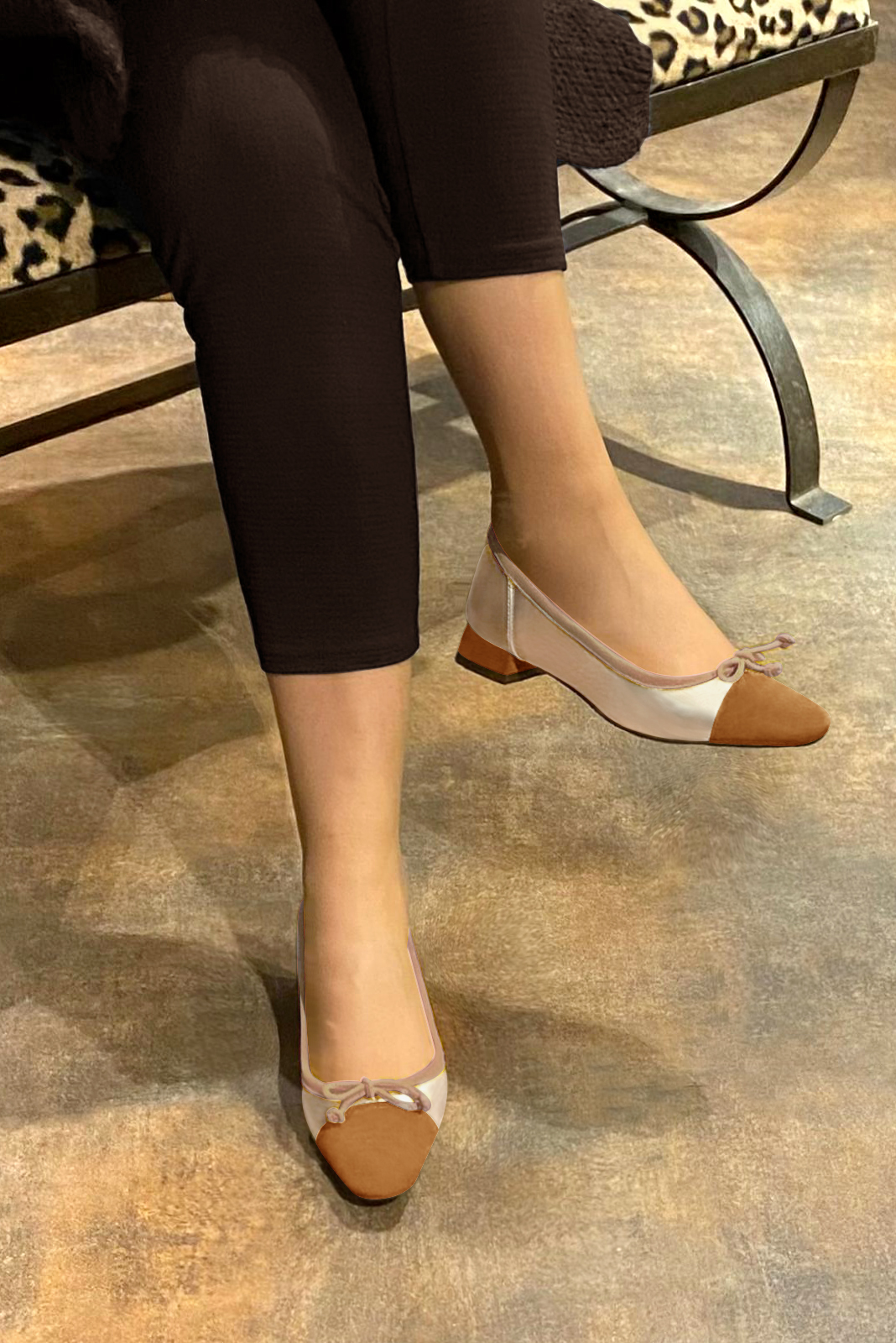 Camel beige and gold women's ballet pumps, with low heels. Square toe. Flat flare heels. Worn view - Florence KOOIJMAN